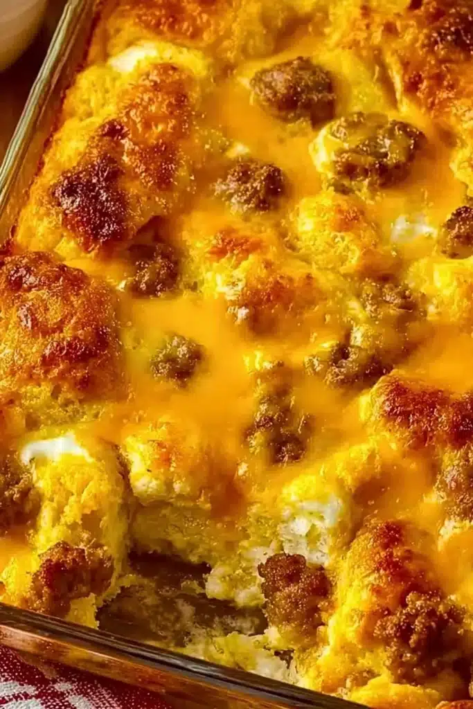 Quick biscuit and sausage egg bake with cheese and herbs in a baking dish