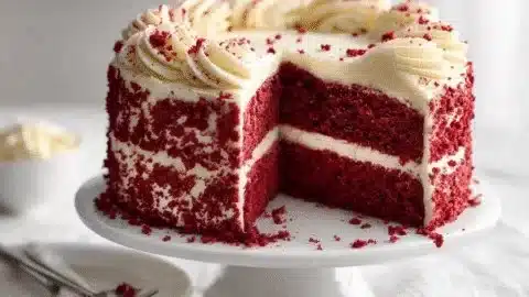 Delicious Red Velvet Cake with cream cheese frosting and red color layers