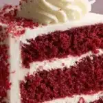Deliciously moist Red Velvet Cake with rich cream cheese frosting