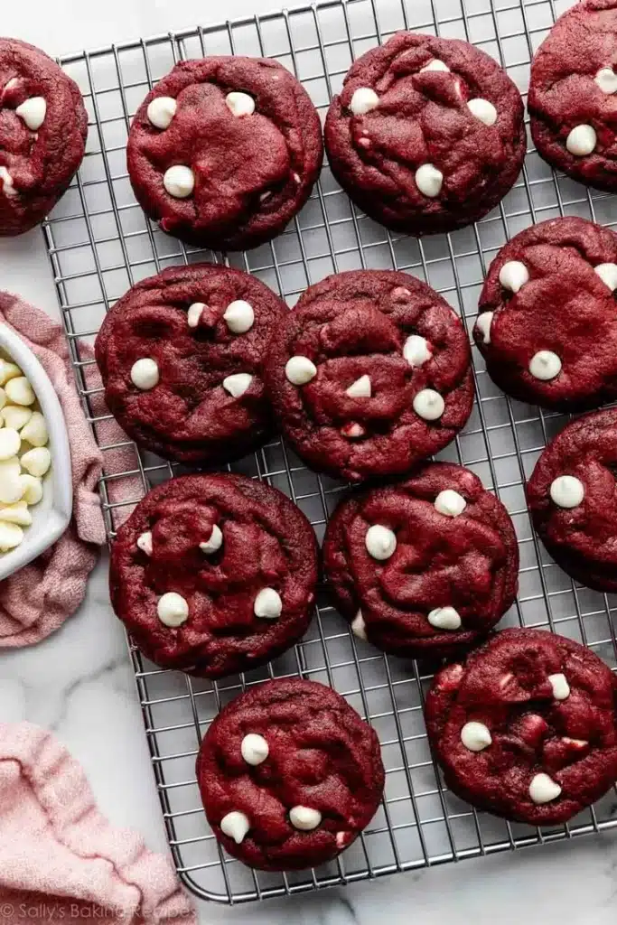 Delicious red velvet cookies with white chocolate chips on a baking tray