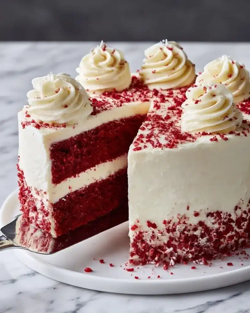 Slice of red velvet cake topped with cream cheese frosting on a white plate