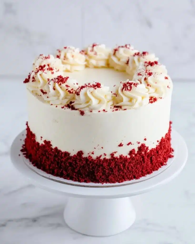 Delicious red velvet cake with cream cheese frosting on a white plate