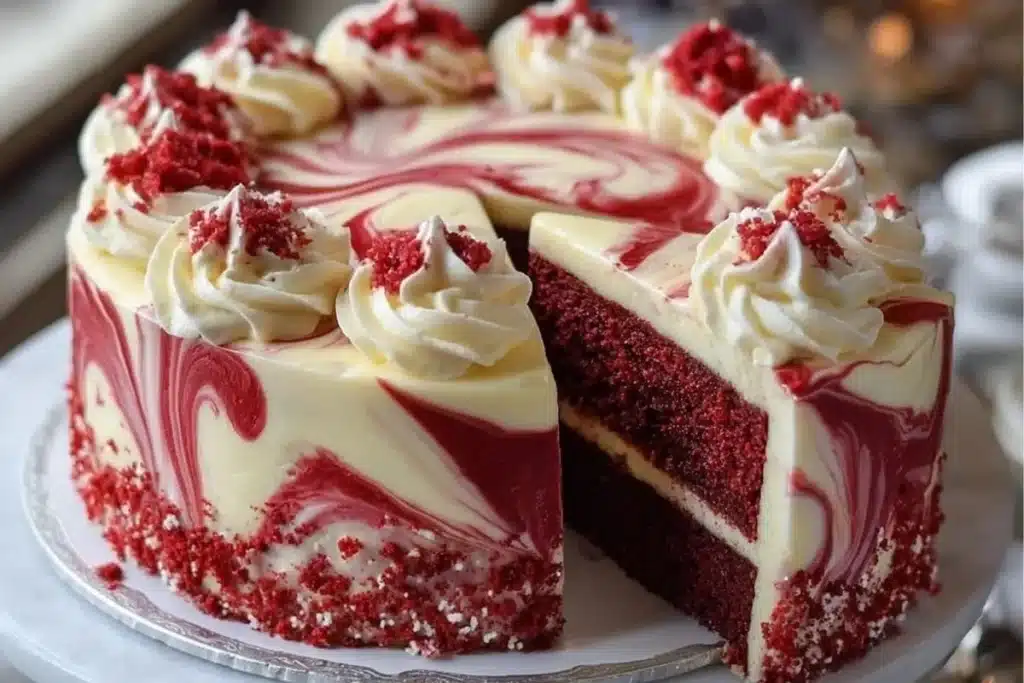 Slice of Red Velvet Cheesecake Swirl Cake topped with cream cheese frosting