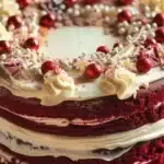 Delicious Red Velvet Christmas Cake topped with cream cheese frosting.