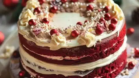 Delicious Red Velvet Christmas Cake topped with cream cheese frosting.