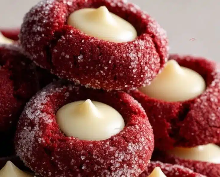 Red Velvet Cream Cheese Thumbprint Cookies on a plate topped with sprinkles