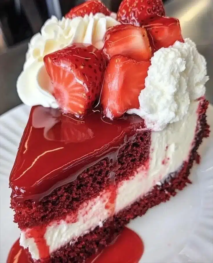 A delicious red velvet strawberry cheesecake delight topped with fresh strawberries.