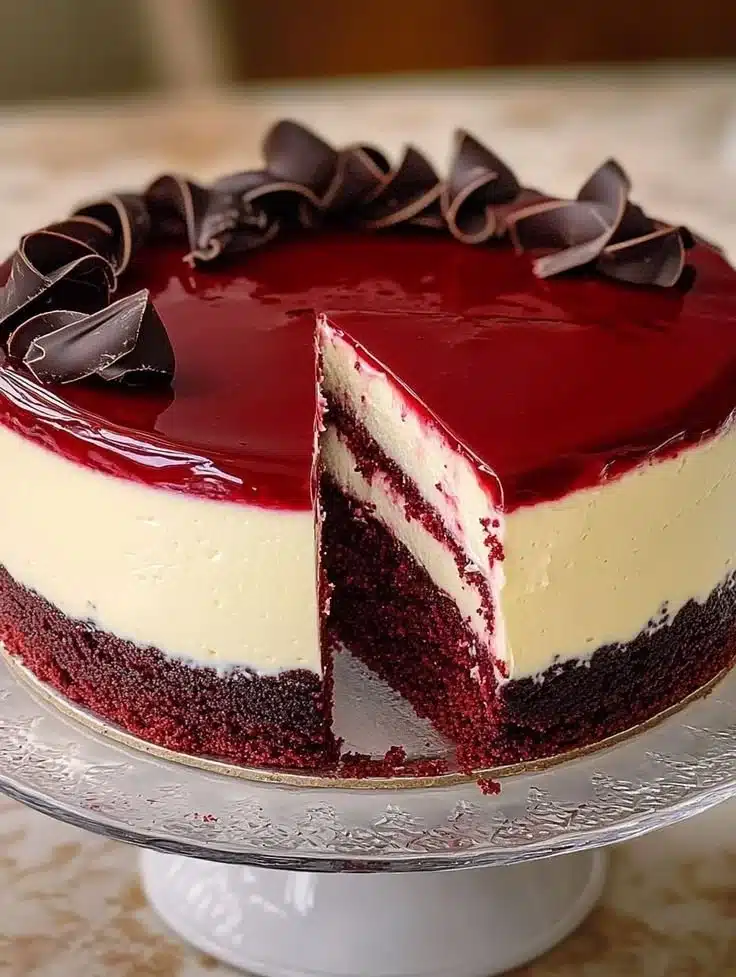Slice of Red Velvet White Chocolate Cheesecake on a plate