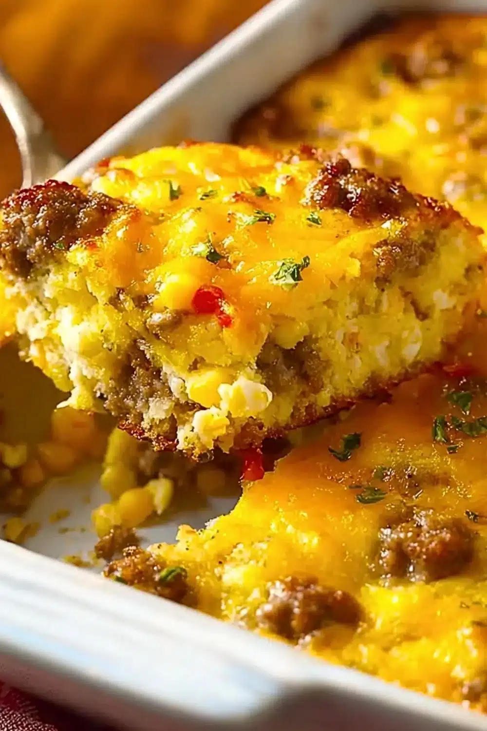 Delicious Sausage Breakfast Casserole baked with eggs and cheese
