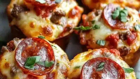 Savory carnivore pizza muffins topped with cheese and meats