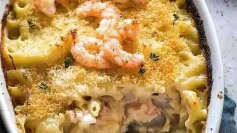 Delicious seafood gratin pasta bake topped with golden cheese