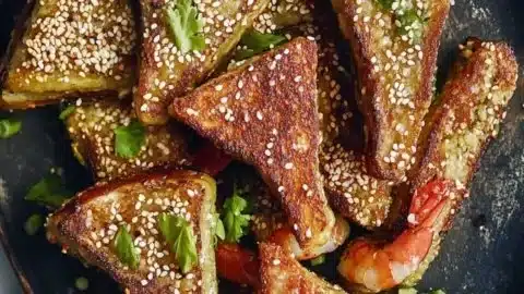 Homemade savory shrimp toast on a plate, garnished for serving.