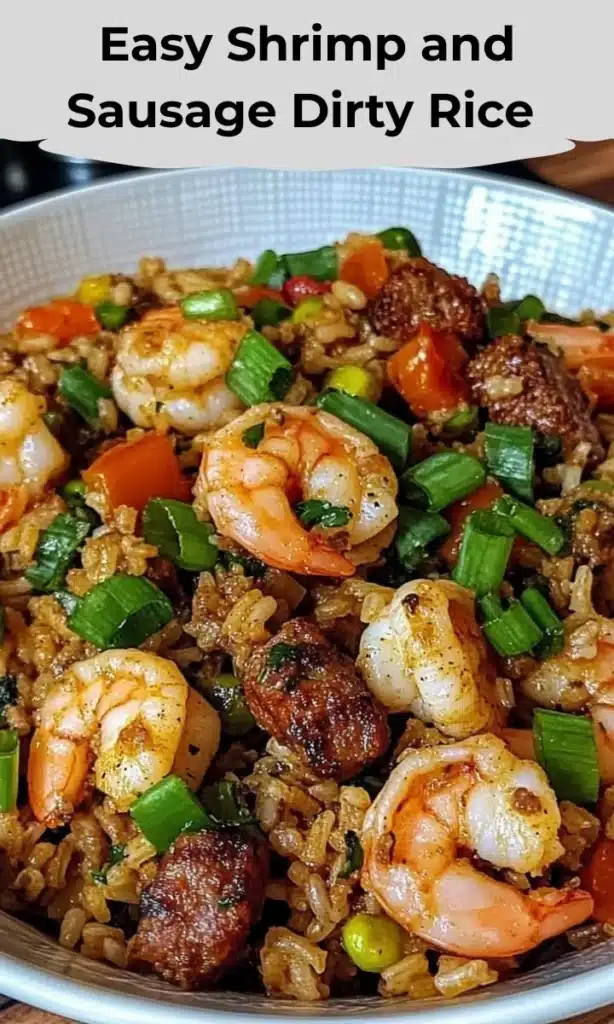 Shrimp and Sausage Dirty Rice served in a bowl with fresh herbs