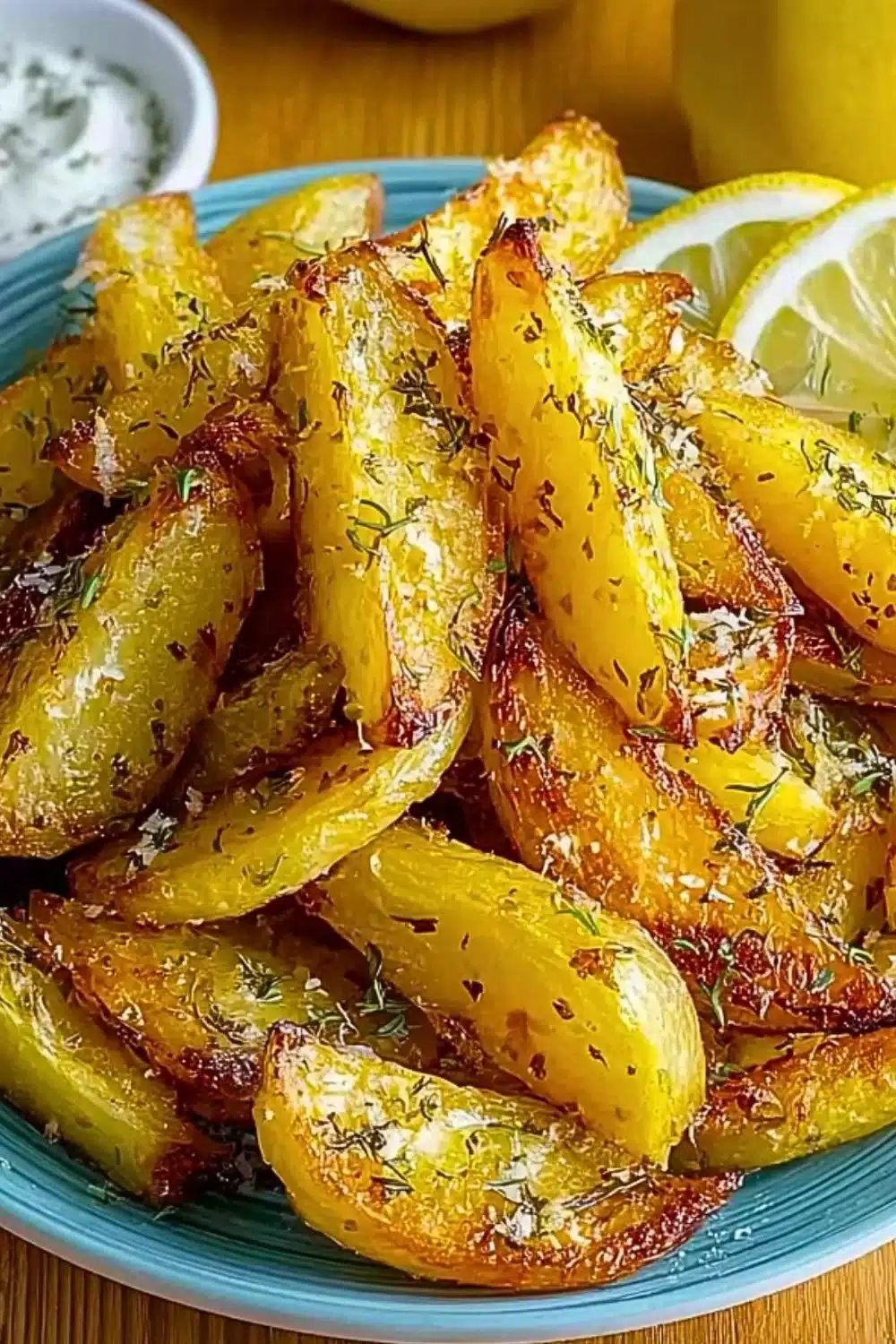 Plate of simple crispy Greek lemon potatoes garnished with herbs.