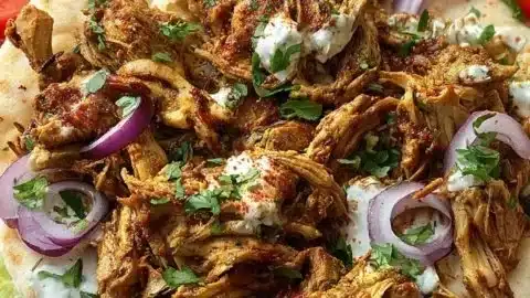 Delicious slow cooker chicken shawarma served with pita and fresh vegetables