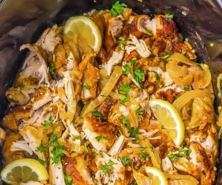 Delicious slow cooker chicken shawarma served with fresh vegetables