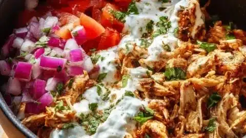 Delicious Slow Cooker Chicken Shawarma served with pita and fresh toppings
