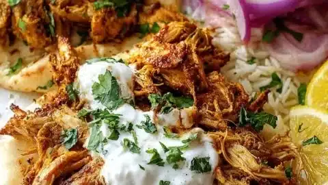 Delicious slow cooked chicken shawarma served on a platter with fresh toppings.