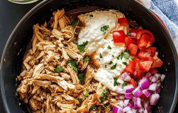 Slow Cooker Chicken Shawarma served with fresh vegetables and sauces