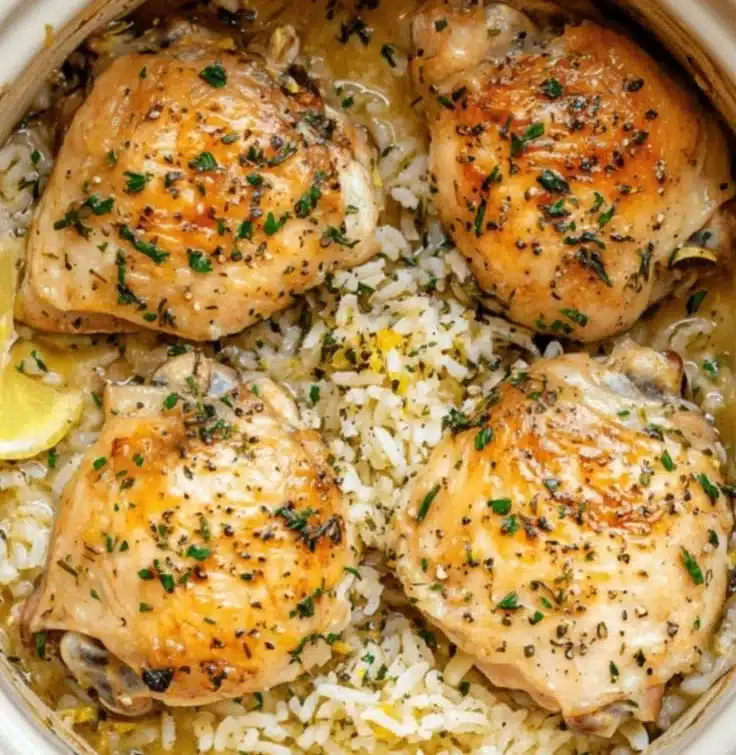 Slow Cooker Lemon Herb Chicken served with fluffy rice