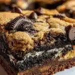 Deliciously layered slutty brownies with cookie dough and Oreos