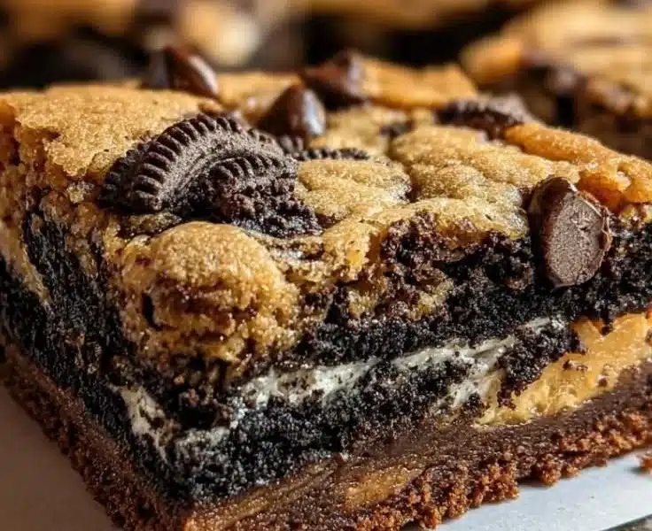 Deliciously layered slutty brownies with cookie dough and Oreos