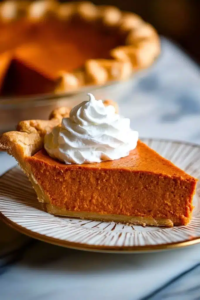 Delicious Southern sweet potato pie slice on a rustic wooden table