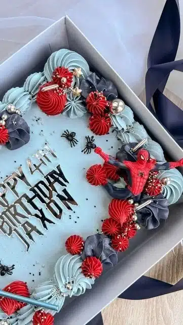 Spider-Man sheet cake decorated for Jaxon’s birthday celebration