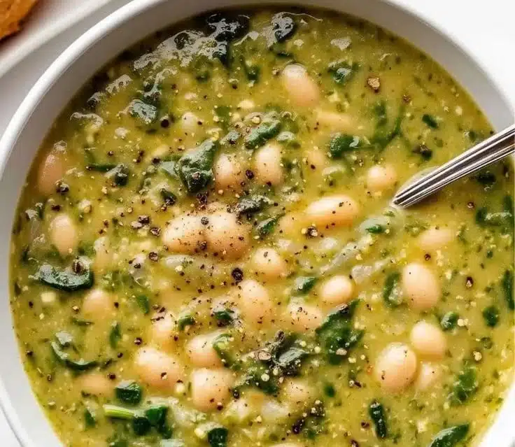 Bowl of Spinach and White Bean Soup garnished with fresh herbs