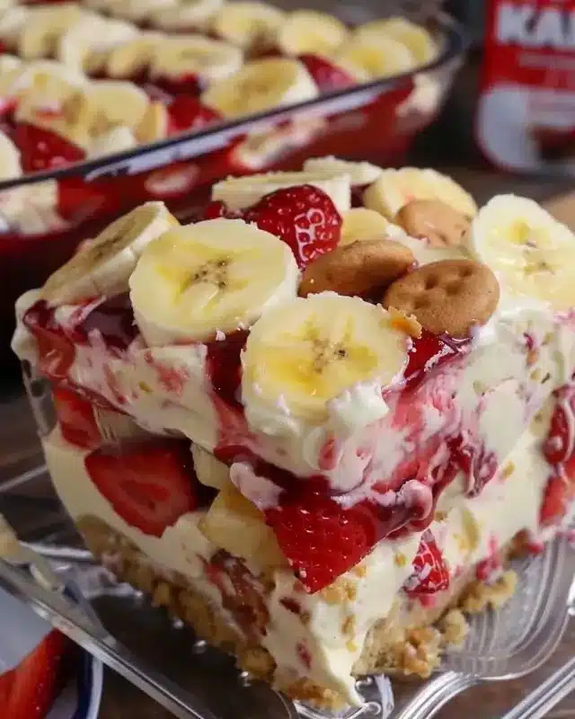 Deliciously layered strawberry banana pudding topped with fresh fruit