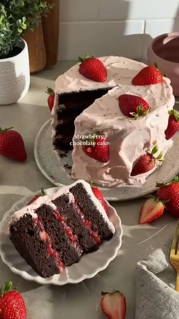 Delicious Strawberry Chocolate Cake with fresh strawberries and chocolate frosting