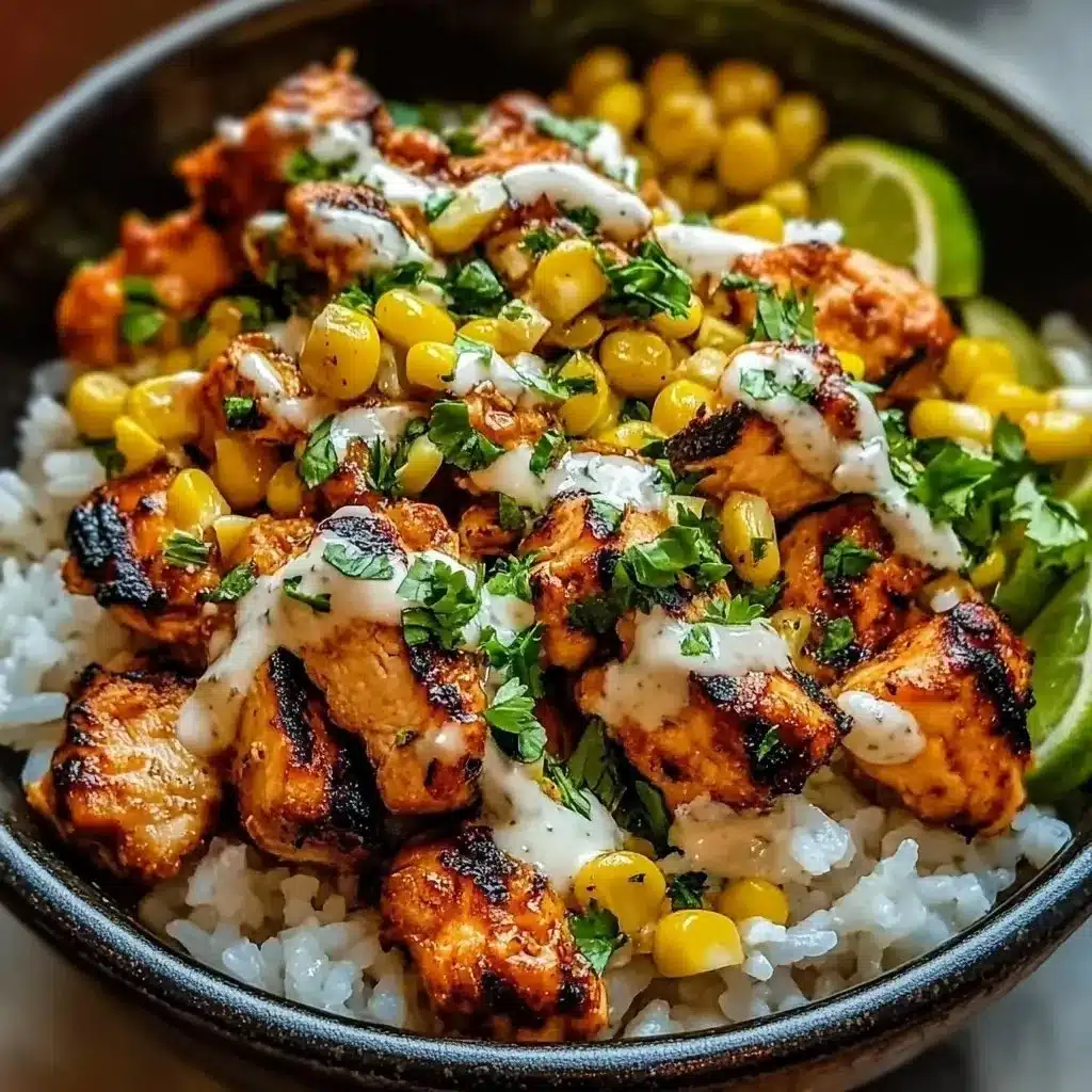 Delicious Street Corn Chicken Rice Bowl with tender chicken and vibrant corn.