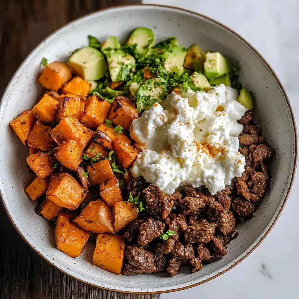 Sweet Potato Beef Bowl topped with hot honey and cottage cheese, viral TikTok recipe.