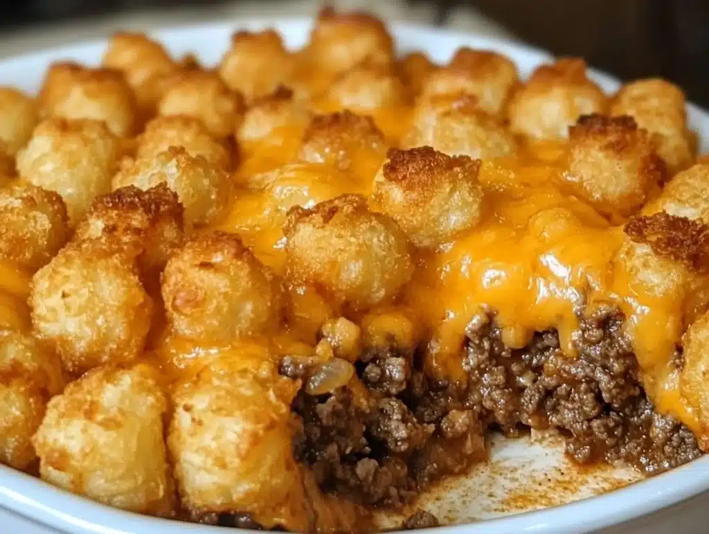 Delicious Tater Tot Casserole with Ground Beef topped with cheese