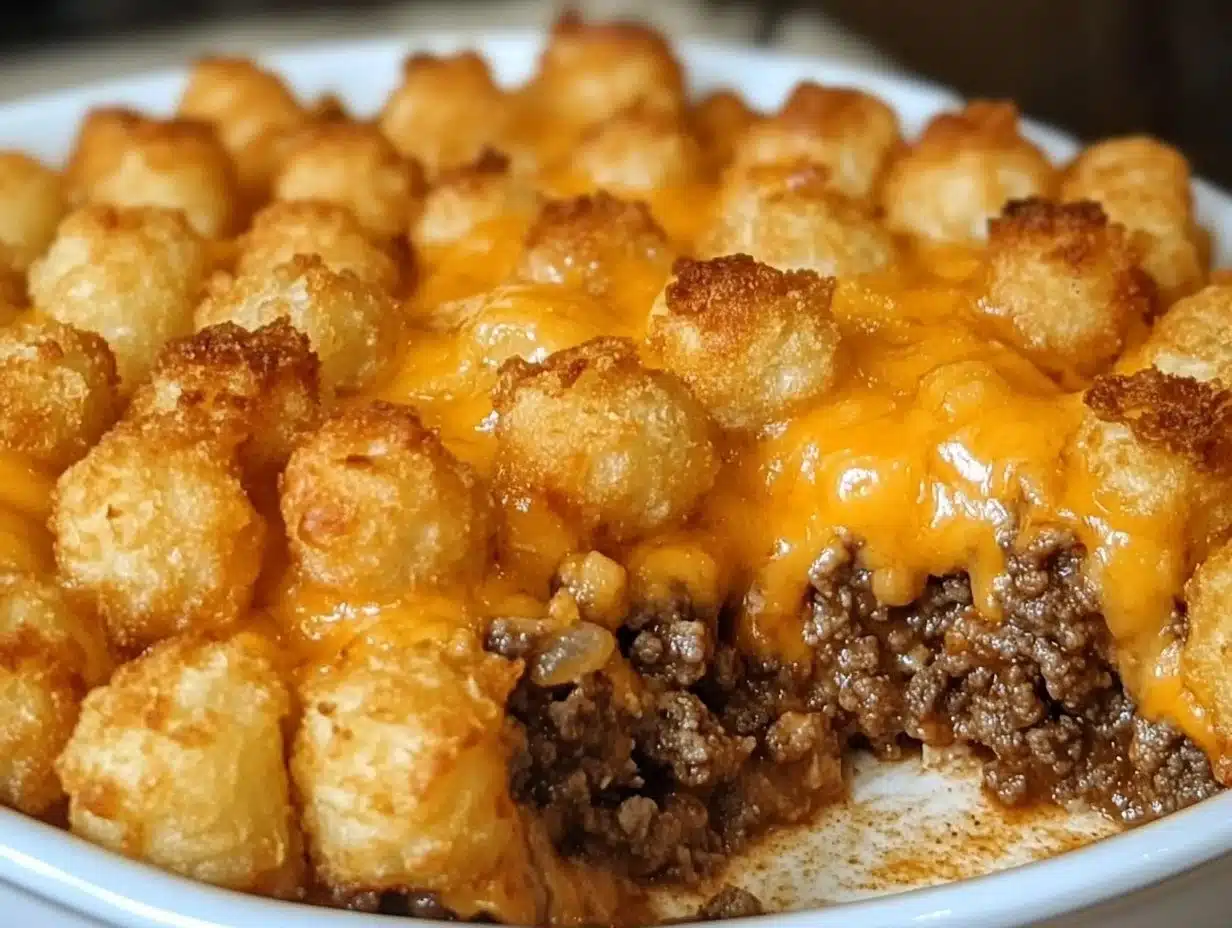 Delicious Tater Tot Casserole with Ground Beef topped with cheese