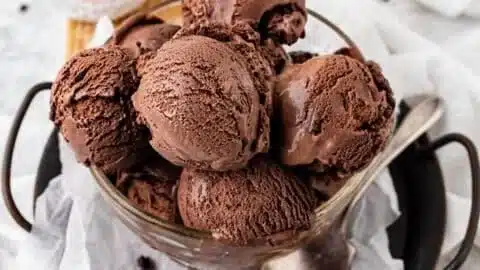 Delicious homemade dark chocolate gelato in a bowl