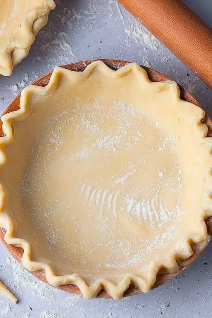 Flaky bakery-style pie crust on a wooden table with ingredients.