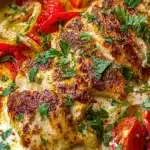 Delicious Turkish chicken served with creamy white sauce on a plate.