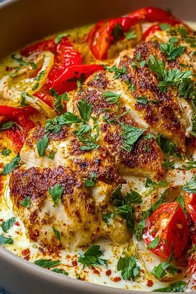 Delicious Turkish chicken served with creamy white sauce on a plate.