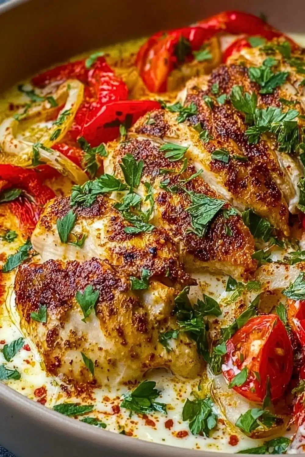 Delicious Turkish chicken served with creamy white sauce on a plate.
