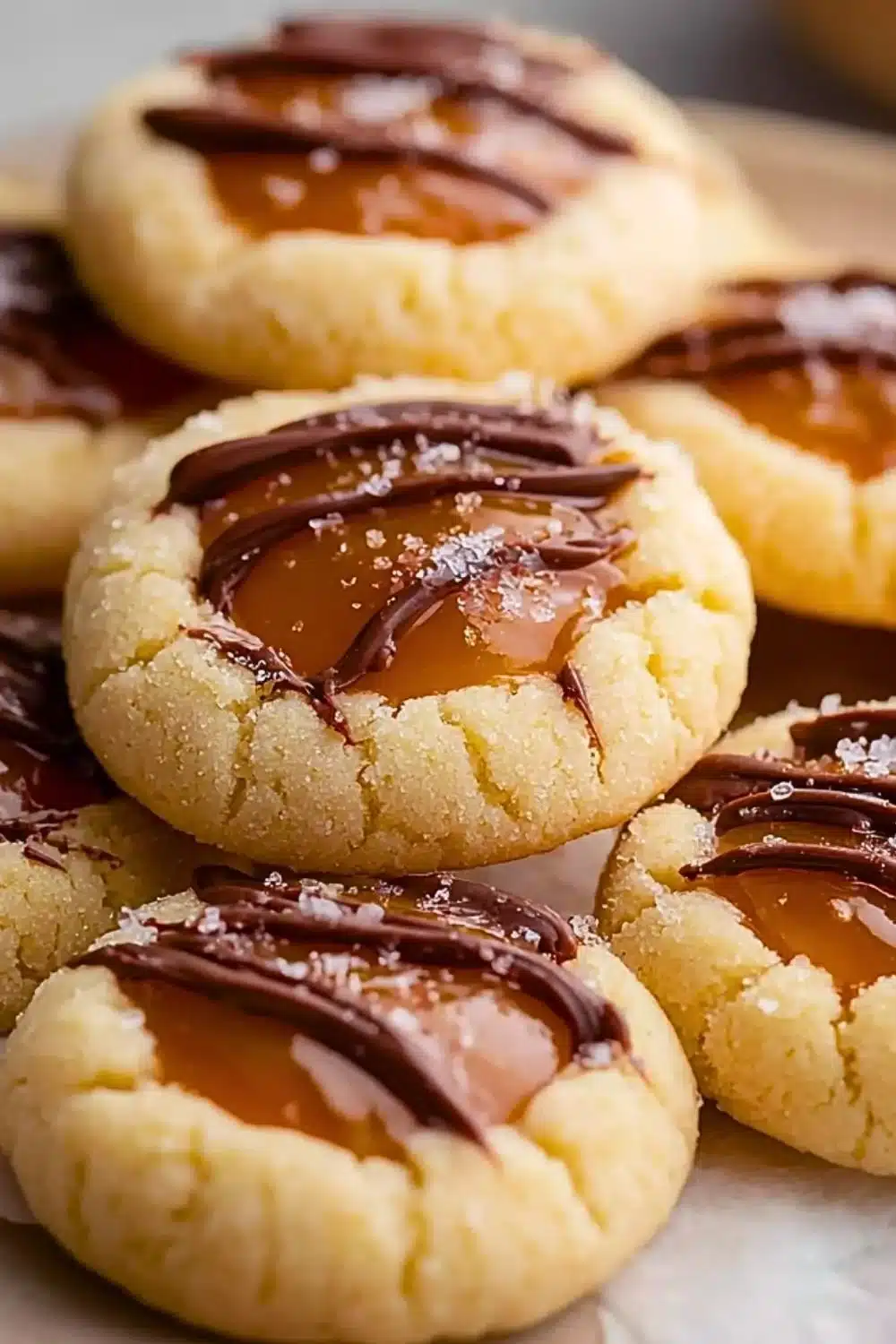 Delicious Twix thumbprint cookies topped with caramel and chocolate