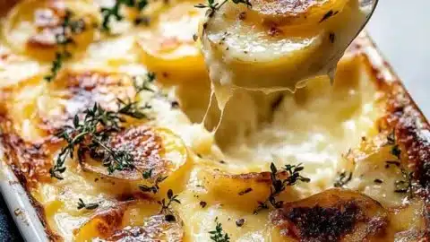 Creamy and cheesy potato gratin served in a bowl for family dinner
