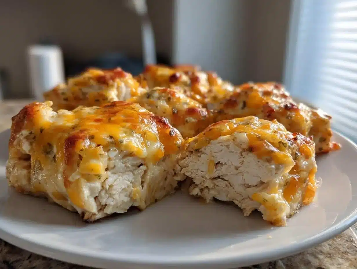 Delicious 4-Ingredient Ranch Chicken Bake topped with herbs and served in a casserole dish.