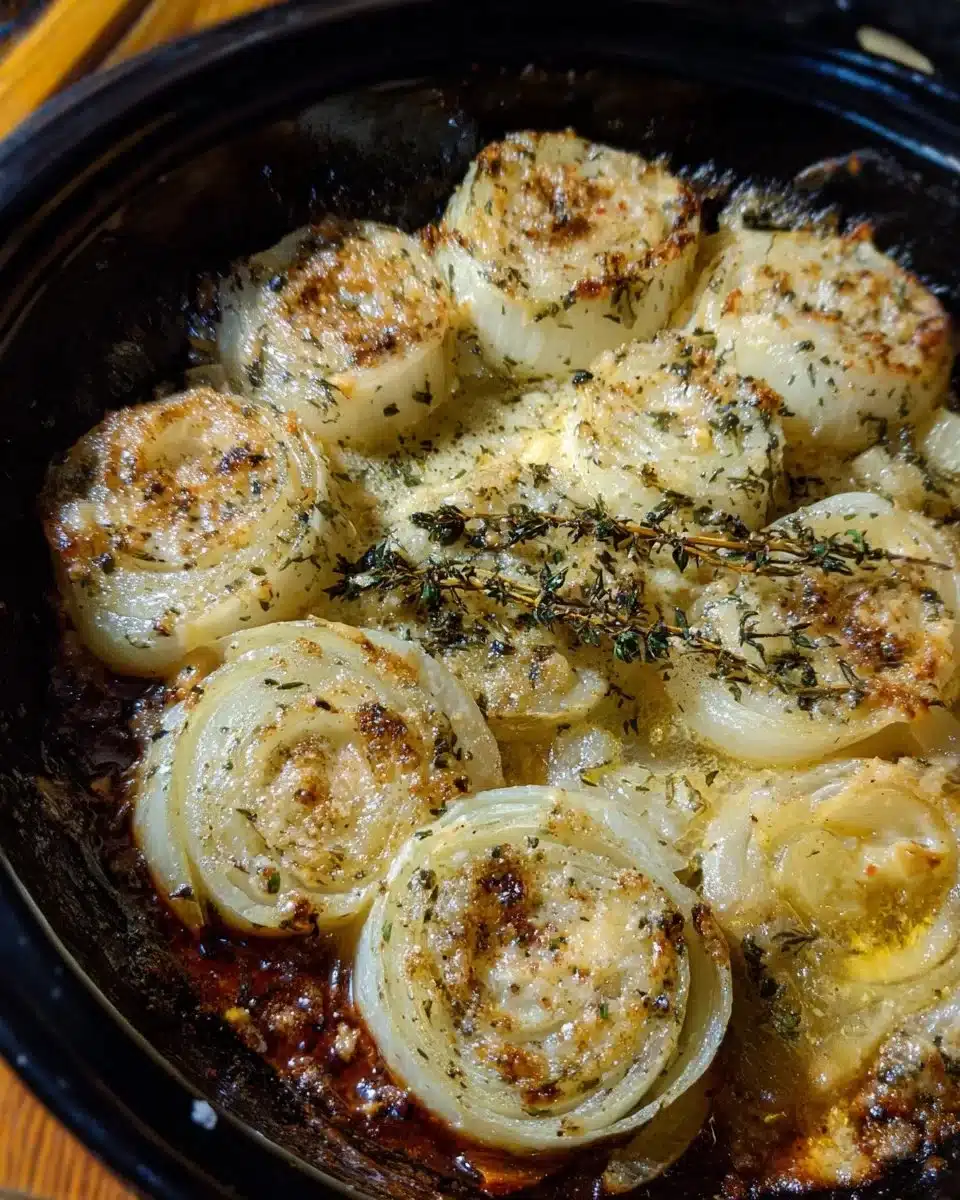 Plate of Asiago roasted onions, a savory and delicious side dish