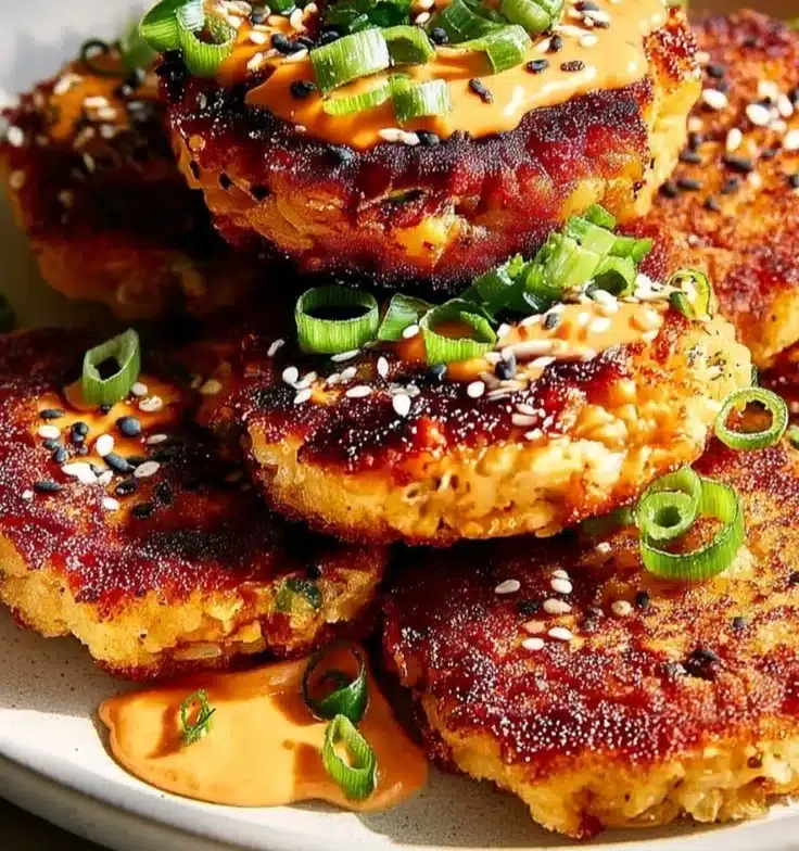 Delicious Asian Tuna Cakes served with dipping sauce and fresh herbs.