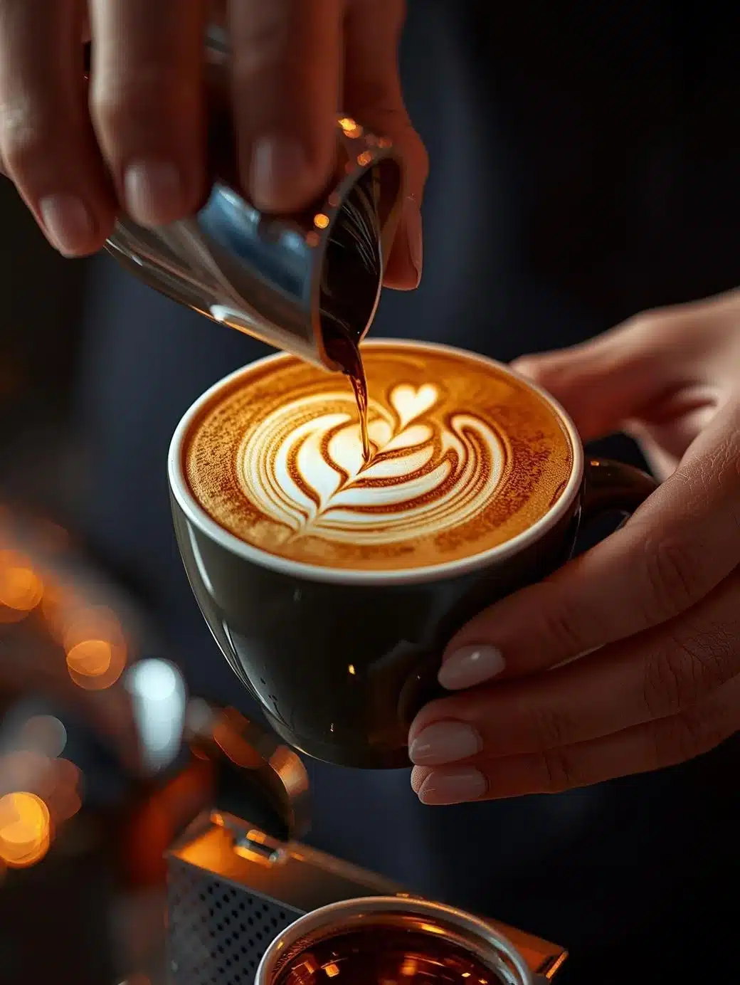 Beautiful latte art displayed in a cup at Baghera Universe