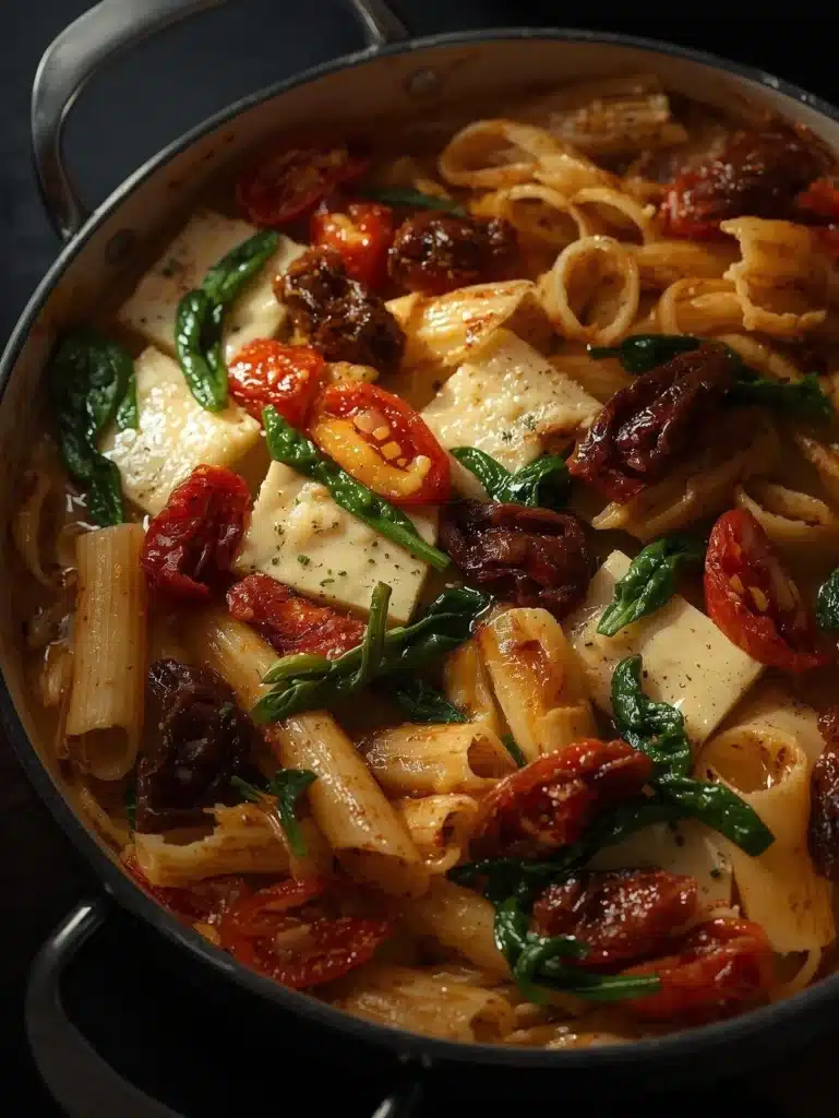 Baked Boursin Pasta served in a baking dish with herbs and garlic.