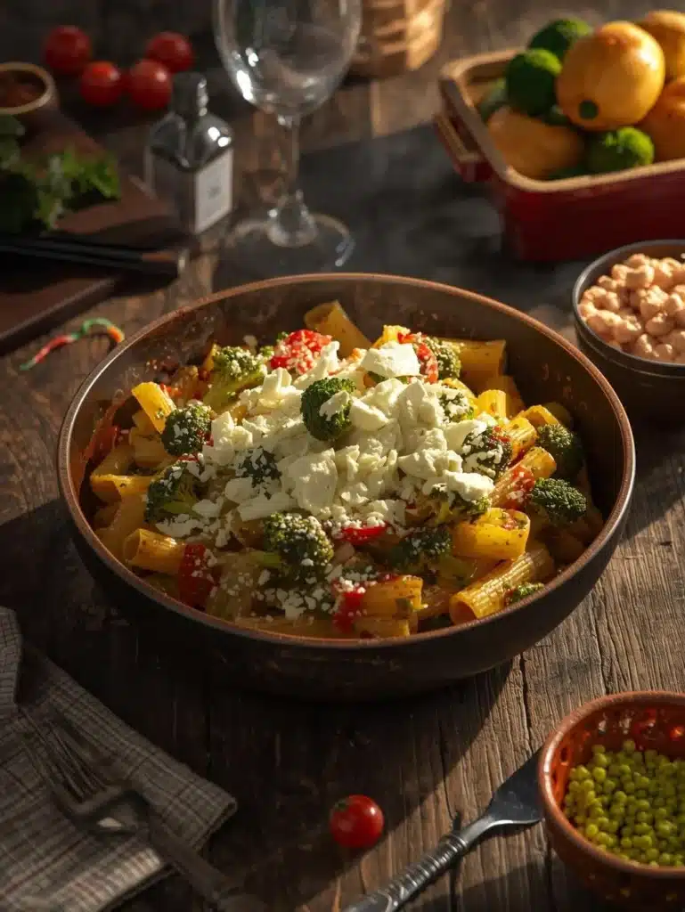 Baked feta and broccoli pasta dish on a rustic table