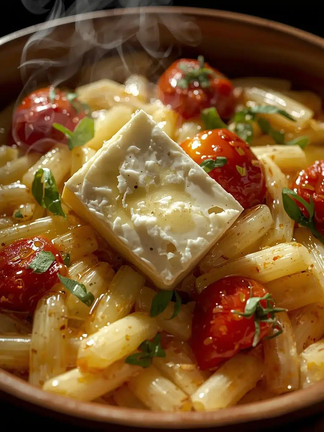Delicious baked feta orzo topped with herbs and spices in a serving dish.