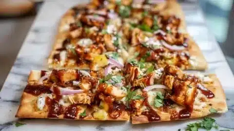 BBQ chicken flatbread topped with fresh ingredients and herbs
